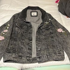 Black denim jacket with blush floral embroidery